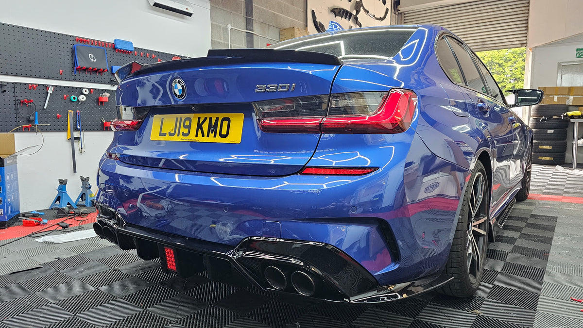 BMW 3 SERIES G20 G21 COMP STYLE LED GLOSS BLACK DIFFUSER WITH BLACK TI ...