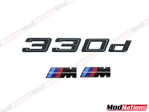 BMW 330D GLOSS BLACK BOOT BADGE + M FENDER BADGES