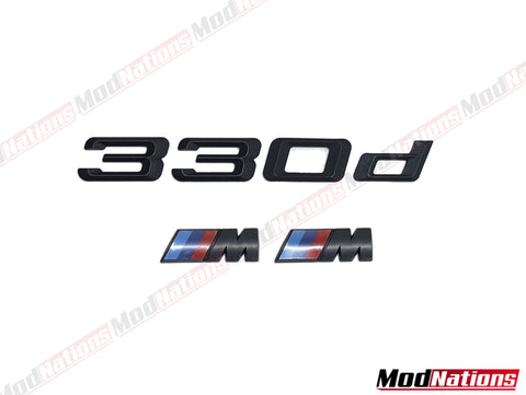 BMW 330D MATT BLACK BOOT BADGE + M FENDER BADGES